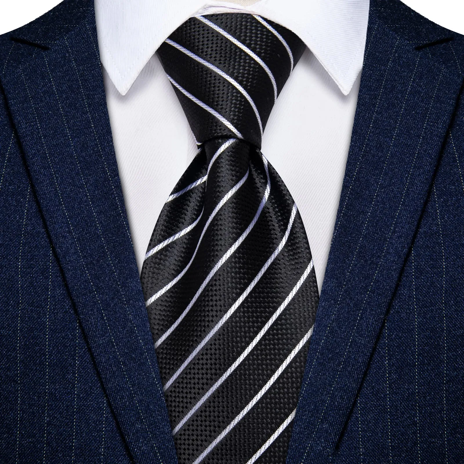 YourTies Stripeds Necktie Black White Jacquard Tie Hanky Cufflinks Set