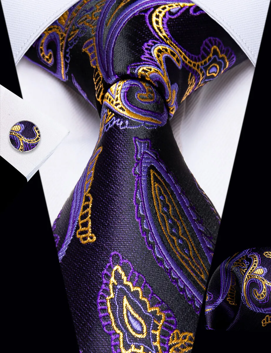 YourTies Stripeds Necktie Black White Jacquard Tie Hanky Cufflinks Set
