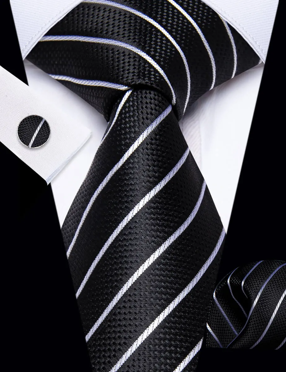 YourTies Stripeds Necktie Black White Jacquard Tie Hanky Cufflinks Set