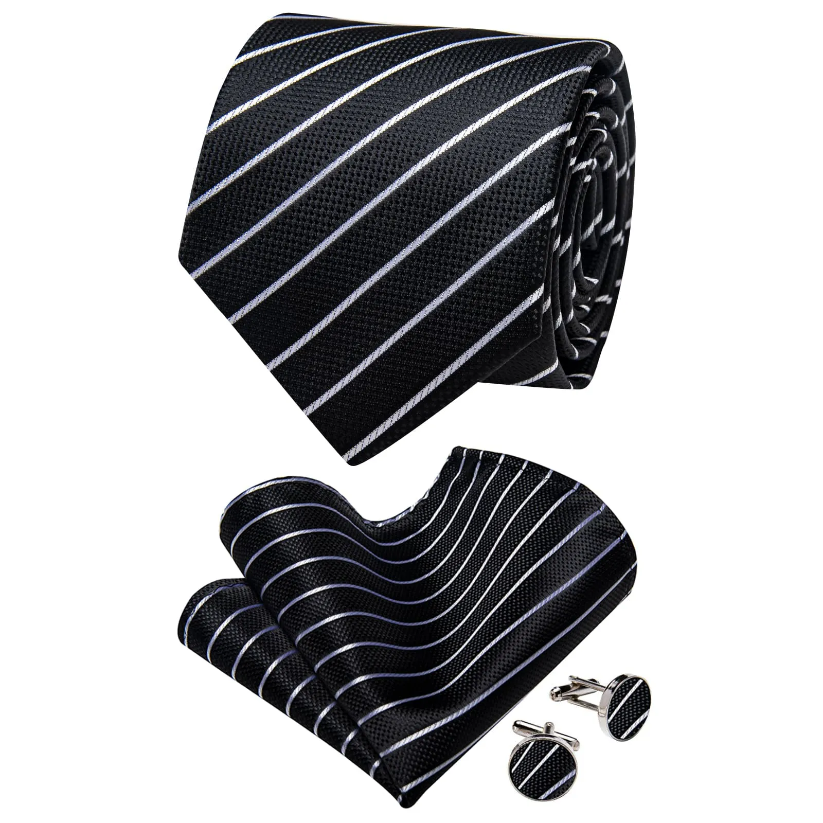 YourTies Stripeds Necktie Black White Jacquard Tie Hanky Cufflinks Set
