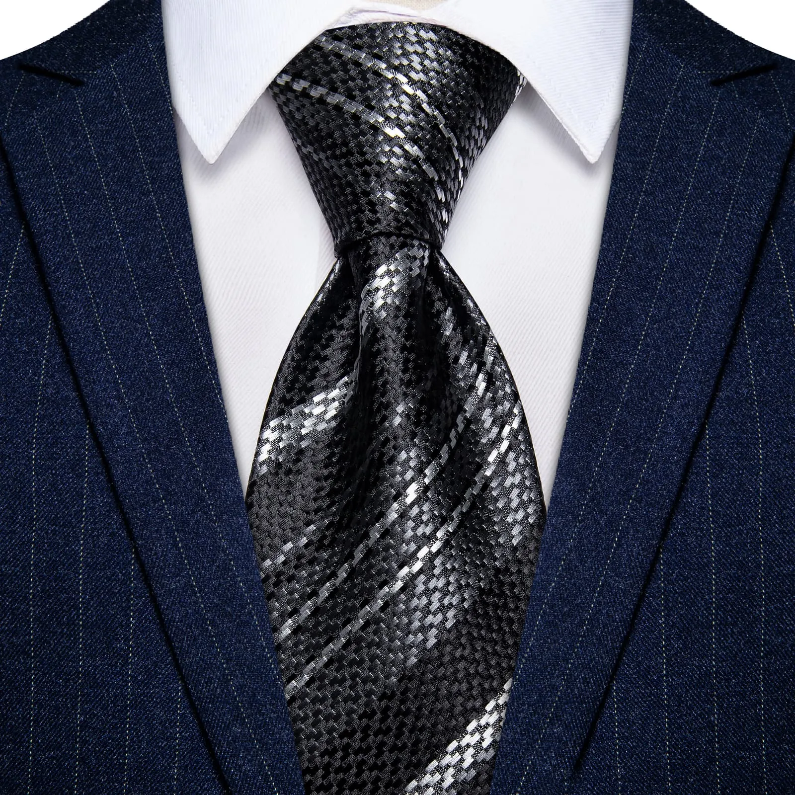 YourTies Tie Black Grey White Stripes Wedding Tie Hanky Cufflinks Set
