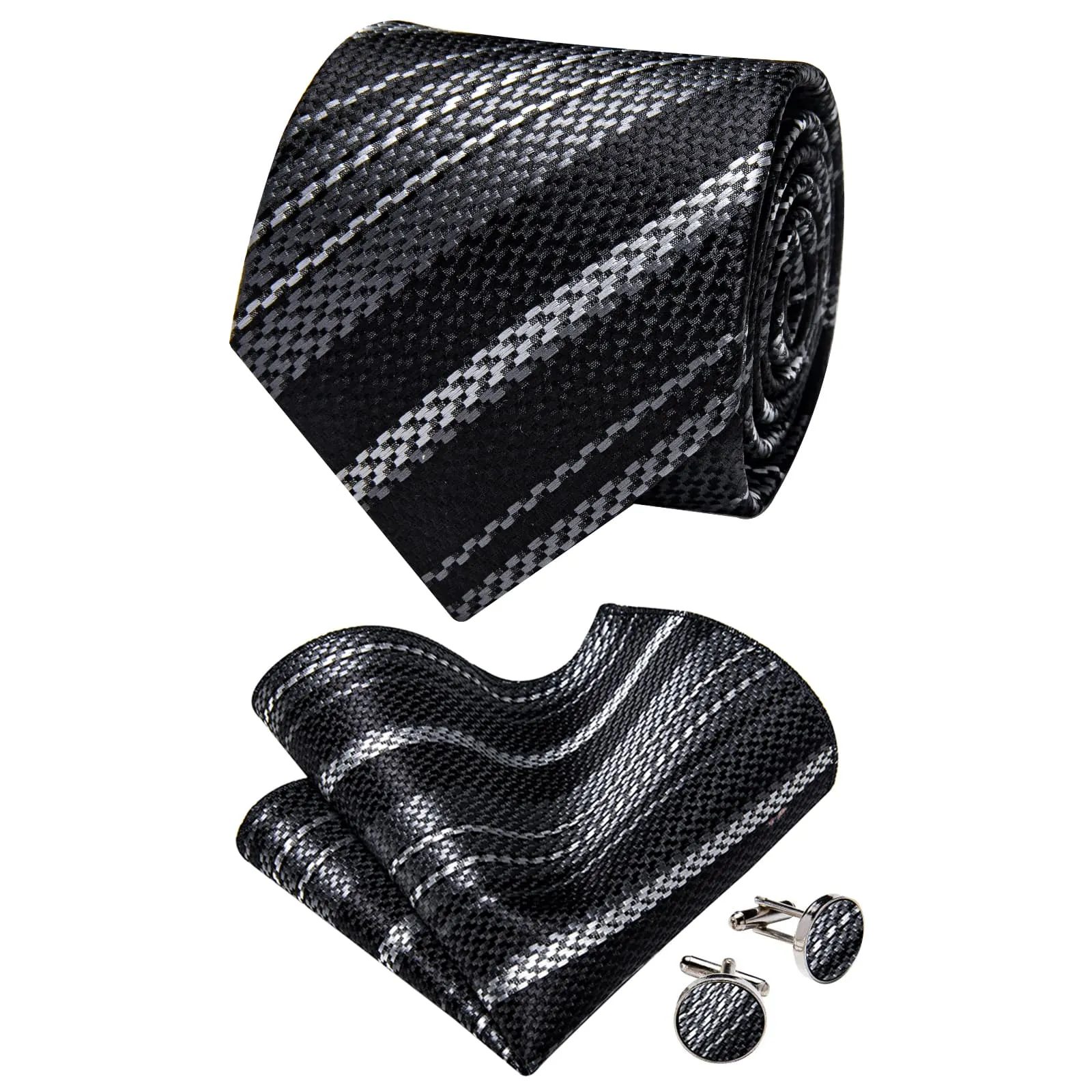 YourTies Tie Black Grey White Stripes Wedding Tie Hanky Cufflinks Set