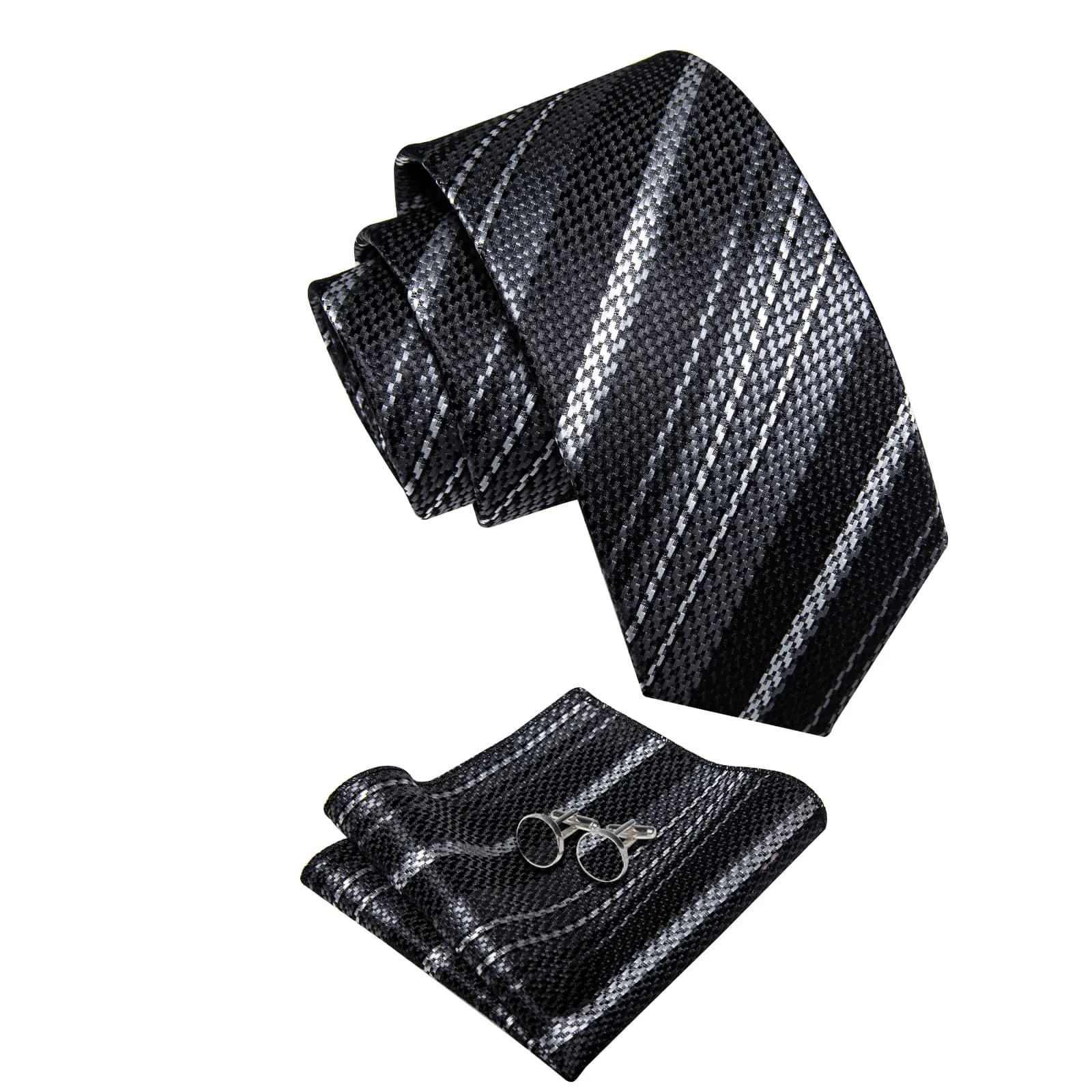 YourTies Tie Black Grey White Stripes Wedding Tie Hanky Cufflinks Set