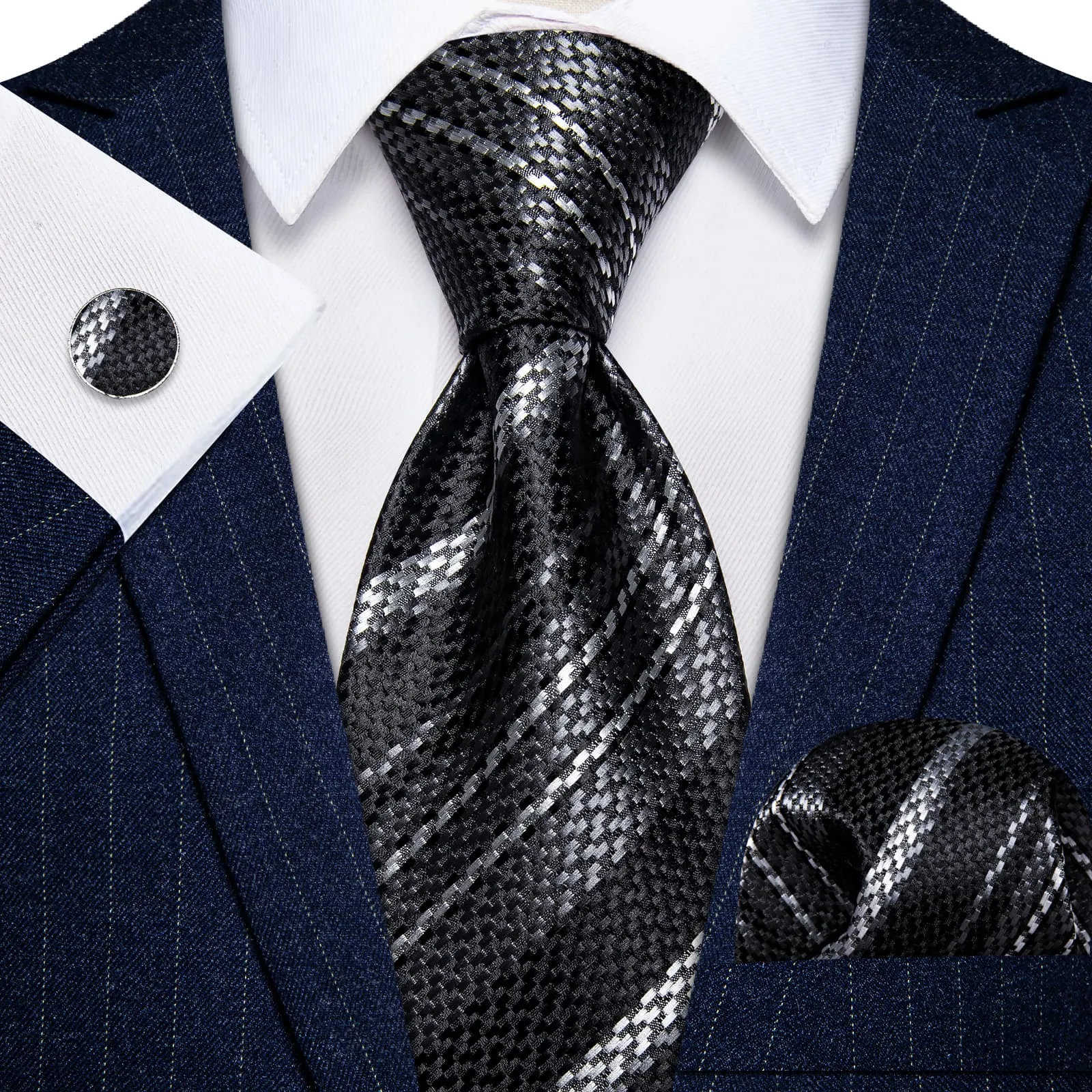 YourTies Tie Black Grey White Stripes Wedding Tie Hanky Cufflinks Set